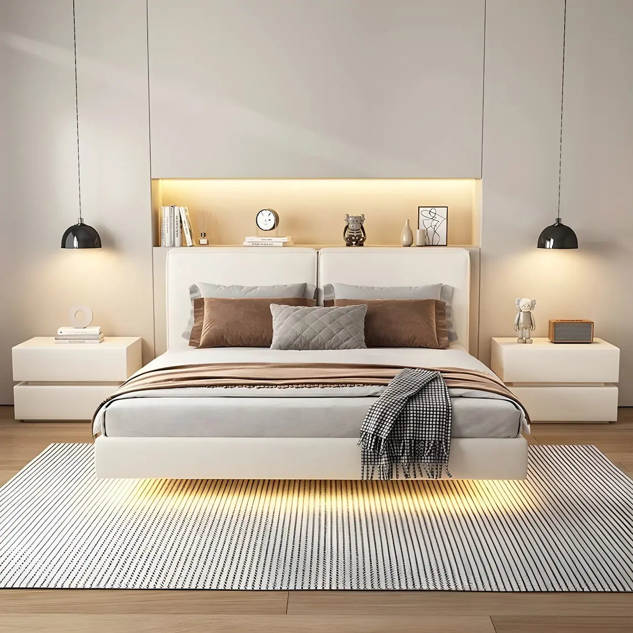 Unique Rectangular Off-White Wood Storage Nightstand — White / 2 Piece Set
