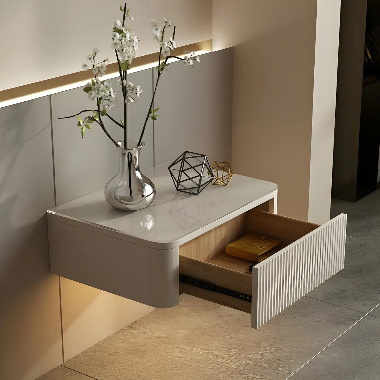 Unique Wall-Mounted White Nightstand with Shelf and Light — 1 Piece
