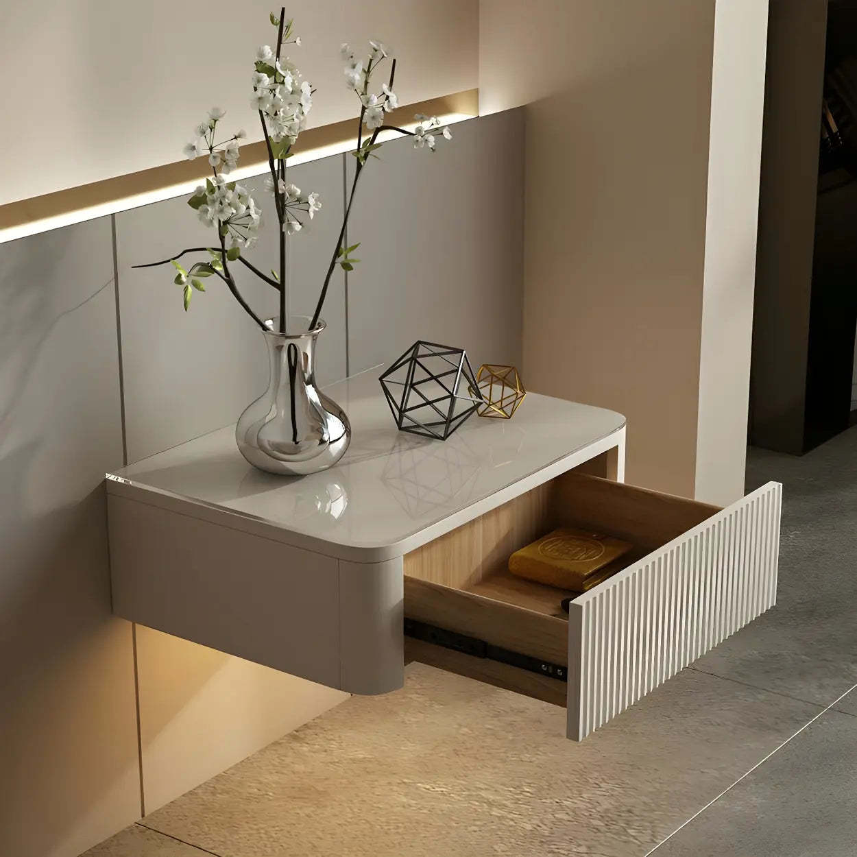 Unique Wall-Mounted White Nightstand with Shelf and Light — 1 Piece