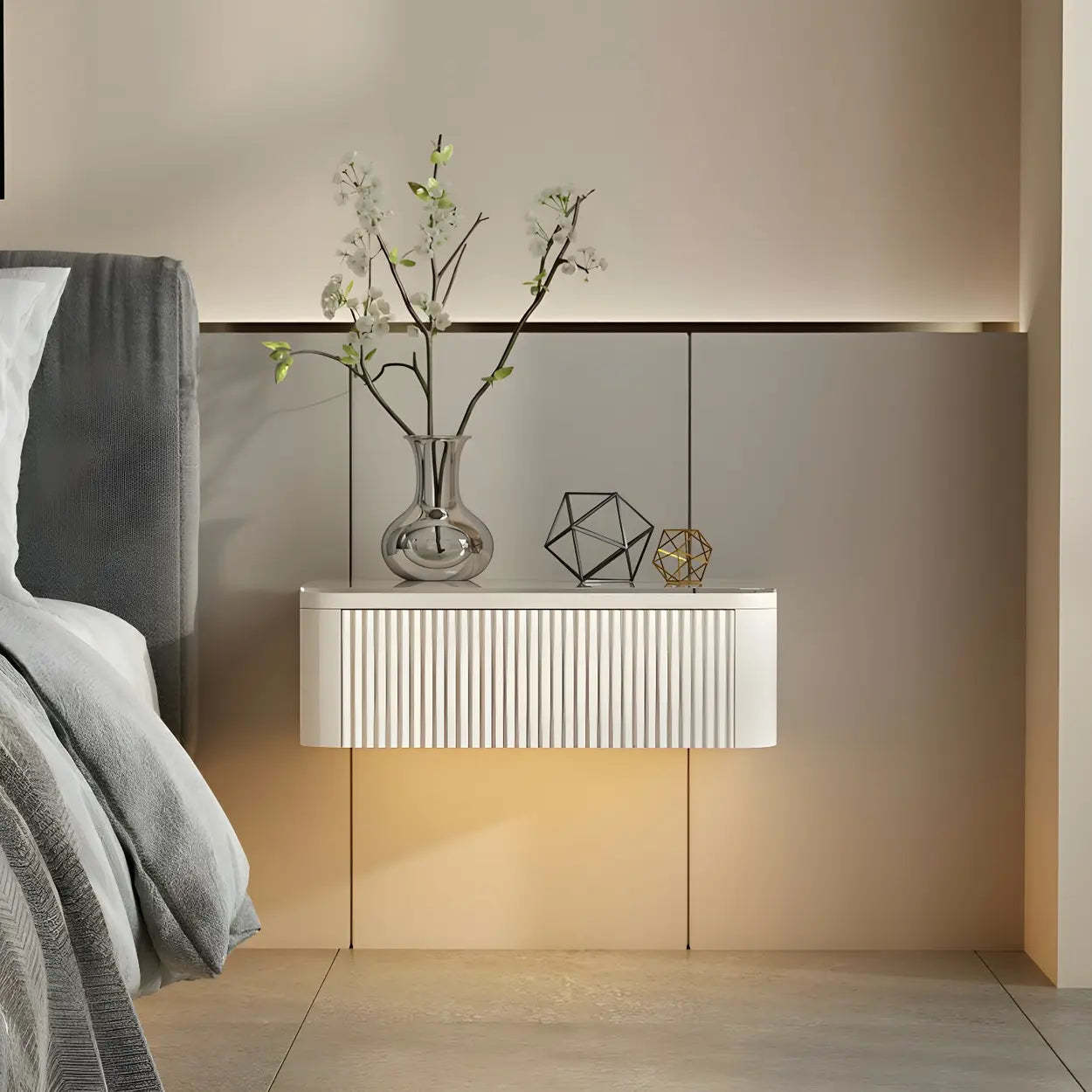 Unique Wall-Mounted White Nightstand with Shelf and Light — 2 Piece Set