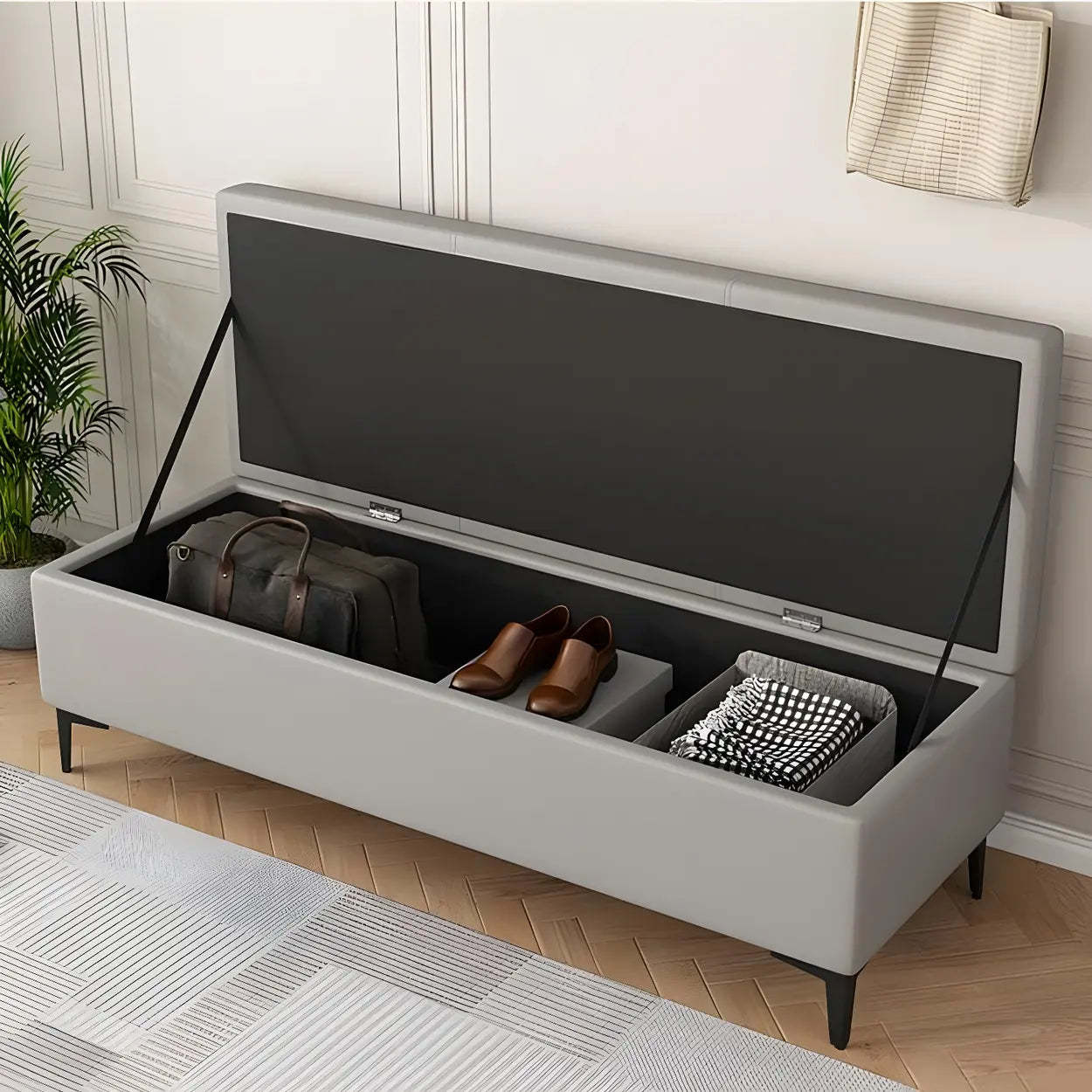 Upholstered Flip Top Entryway Bench with Legs — Beige
