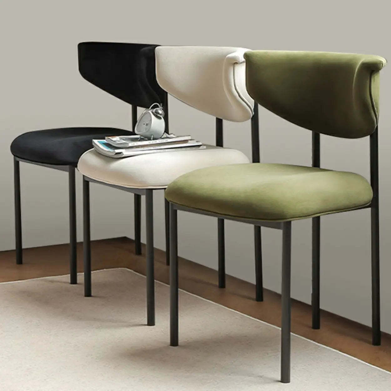 Upholstered Metal Open Low-Back Armless Dining Chair — Microfiber Leather / White