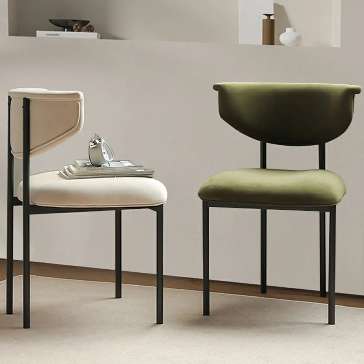 Upholstered Metal Open Low-Back Armless Dining Chair — Flannel / Beige