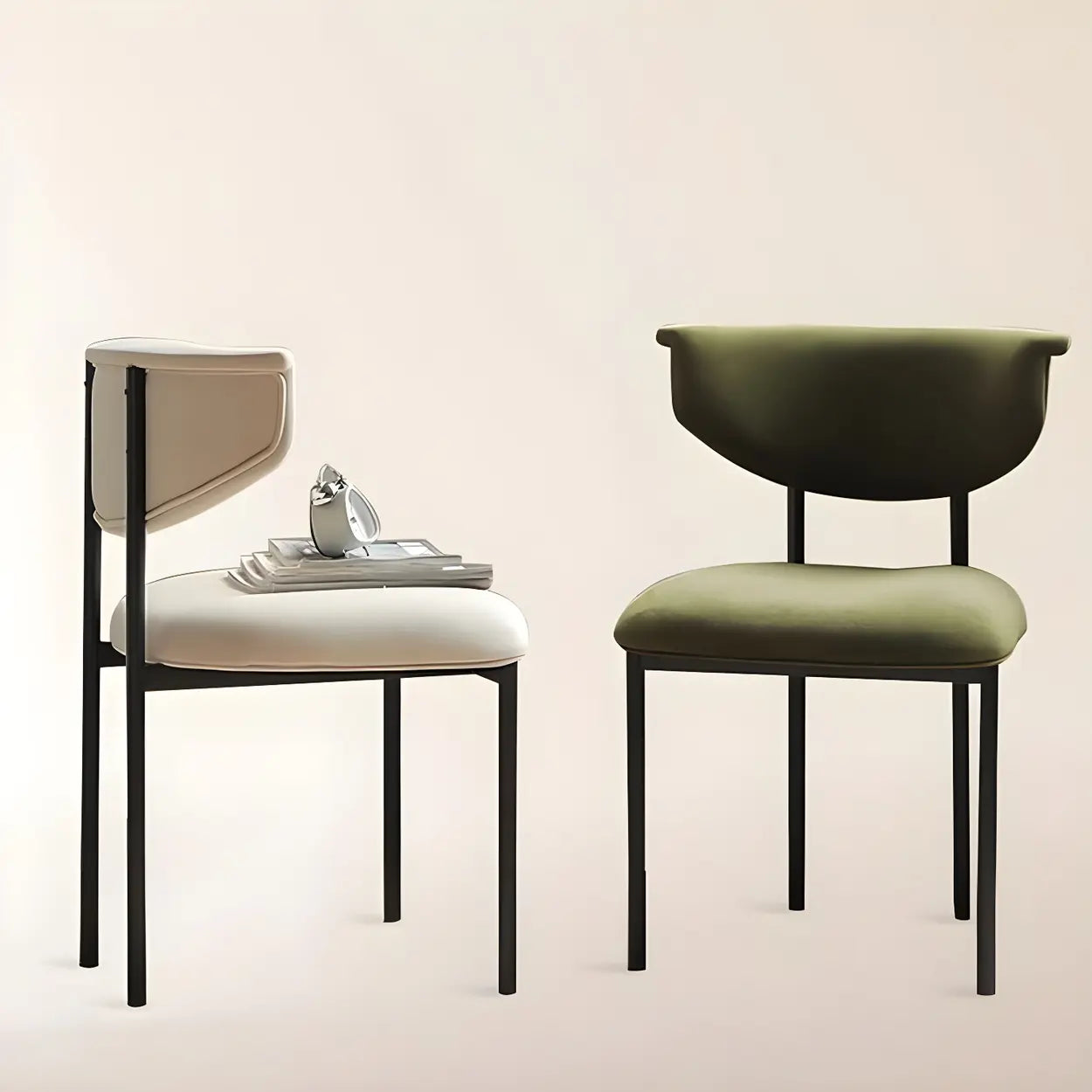 Upholstered Metal Open Low-Back Armless Dining Chair — Flannel / Dark Green