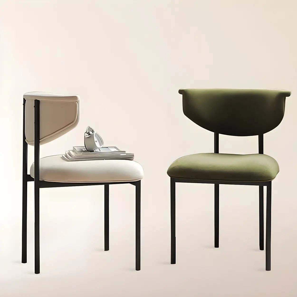 Upholstered Metal Open Low-Back Armless Dining Chair — Flannel / Dark Green