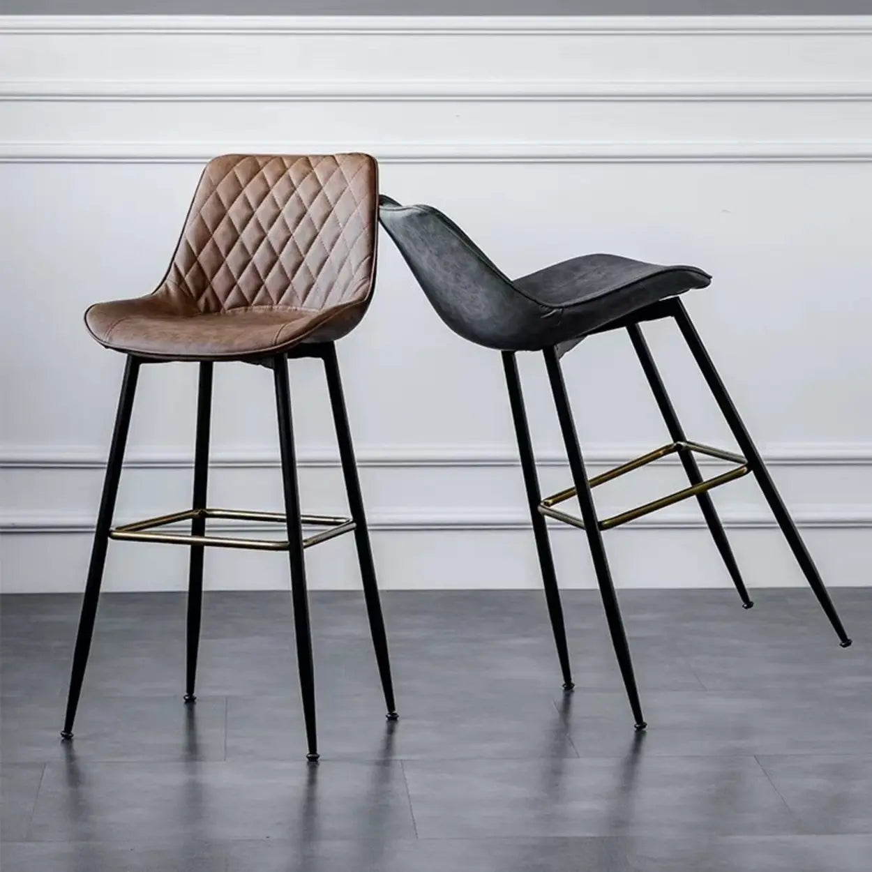 Upholstered Modern Back Bar Stool with Metal Legs — Black