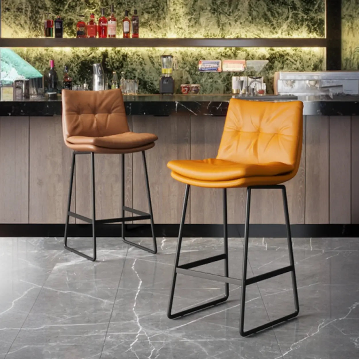 Modern Leather Saddle Bar Stool with Metal Base