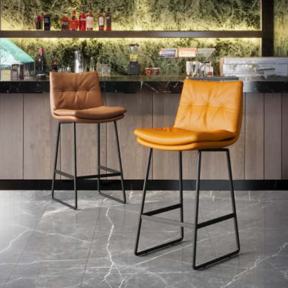 Modern Leather Saddle Bar Stool with Metal Base — Black