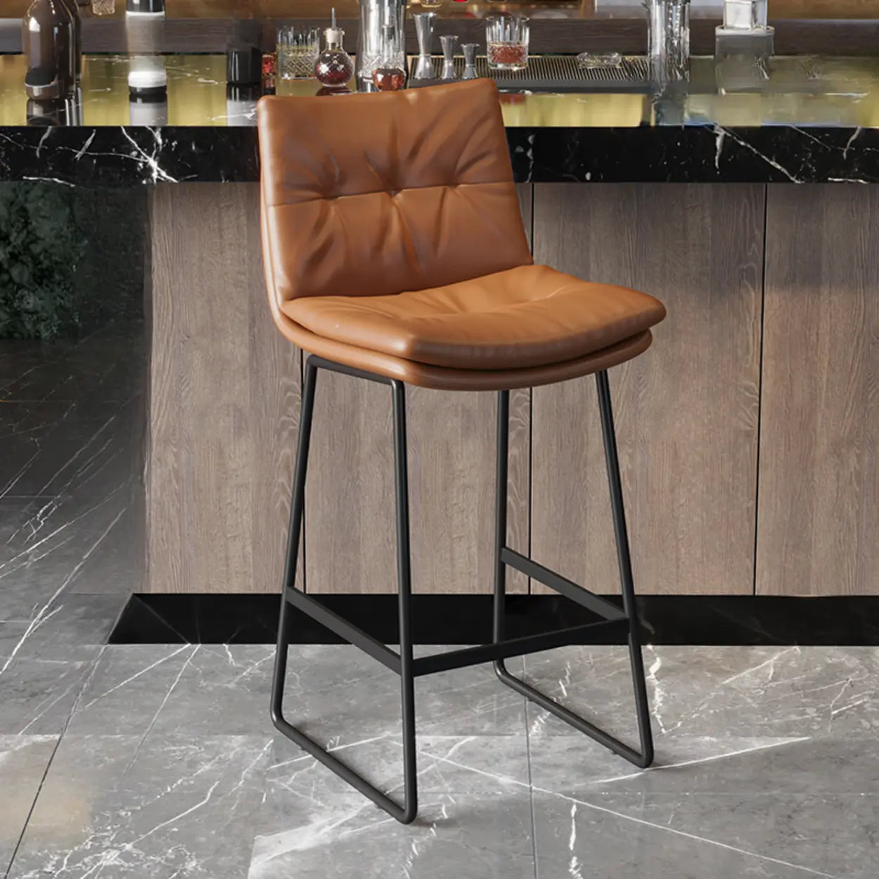 Modern Leather Saddle Bar Stool with Metal Base — Black