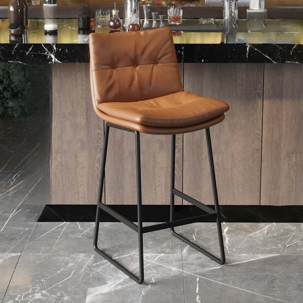 Modern Leather Saddle Bar Stool with Metal Base — Black