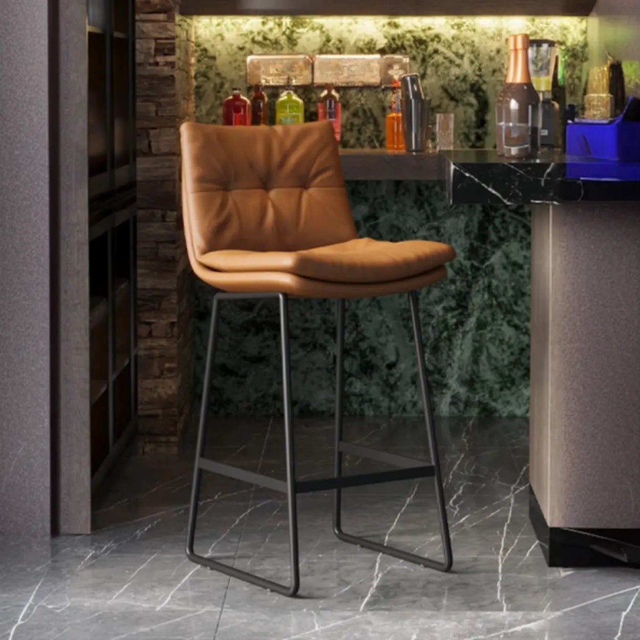 Modern Leather Saddle Bar Stool with Metal Base — White