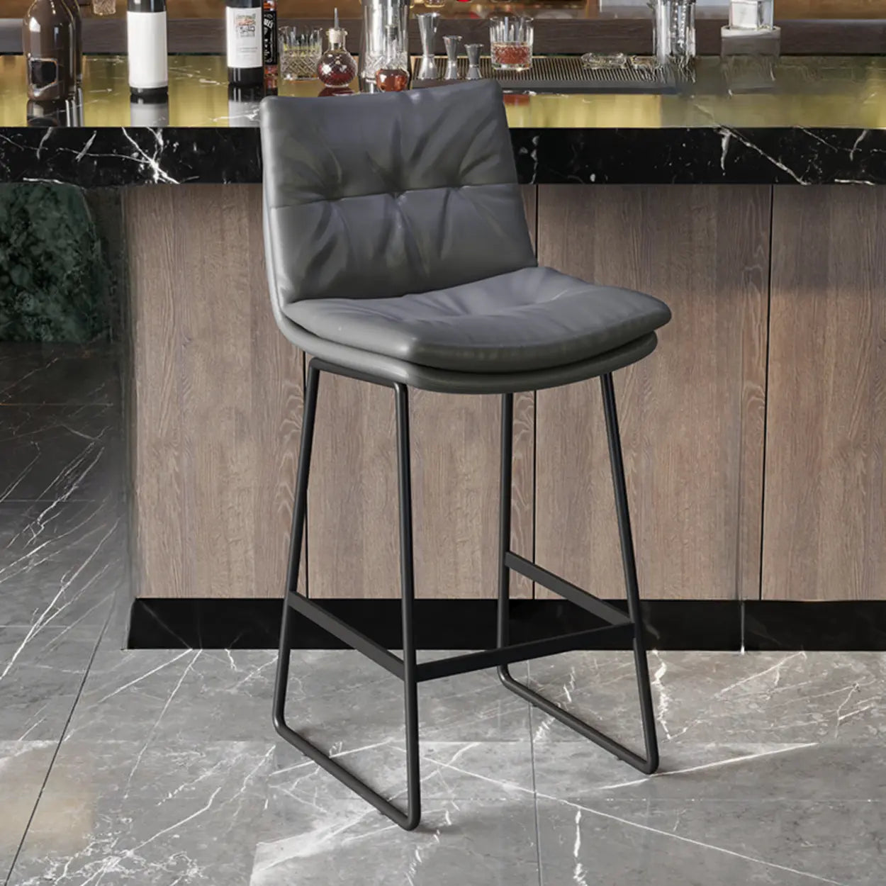 Modern Leather Saddle Bar Stool with Metal Base — Light Brown