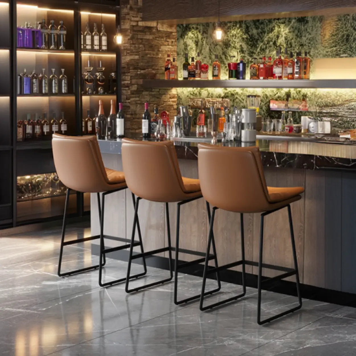 Modern Leather Saddle Bar Stool with Metal Base — Light Brown