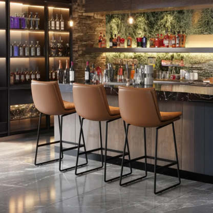 Modern Leather Saddle Bar Stool with Metal Base — Light Brown