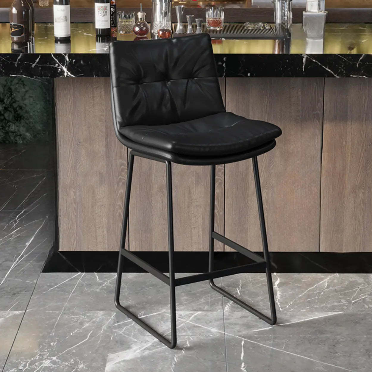 Modern Leather Saddle Bar Stool with Metal Base — Light Gray