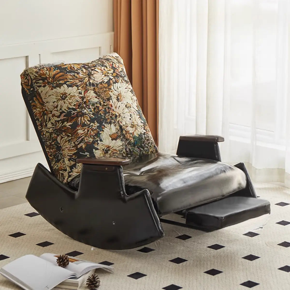 Upholstered Recessed Arm Rocking Chair with Slipcover — Orange/ White
