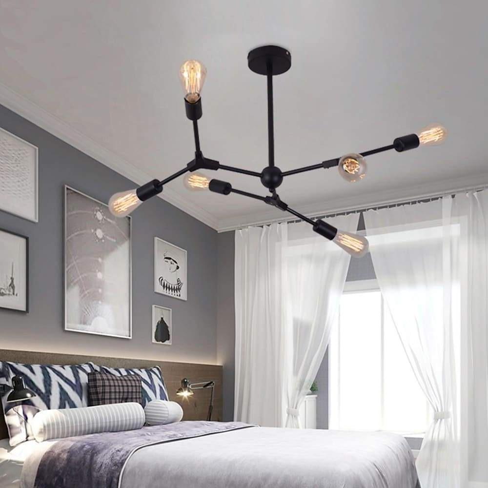 Oak industrial 9-light irregular chandeliers — 15.8" H x 31.5" Dia / 8-Light