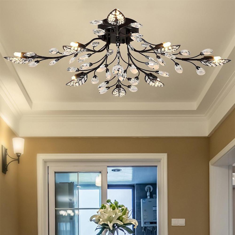 Vintage Crystal Branches Leaf Semi-Flush Mount Chandelier | 8-Light LED, 31.19'' Wide, Antique Brass-Lighom