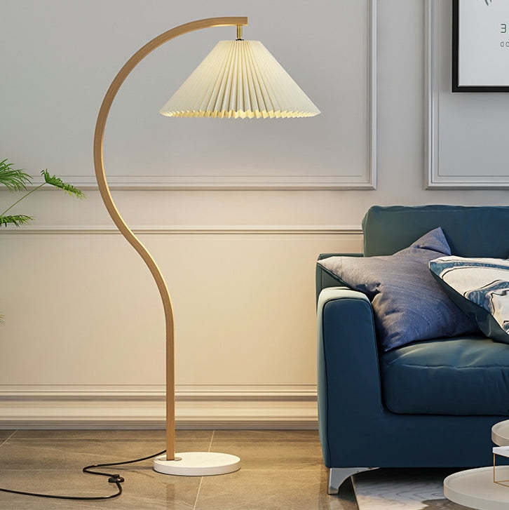Japanese Pleated Fabric Curved Iron Floor Lamp