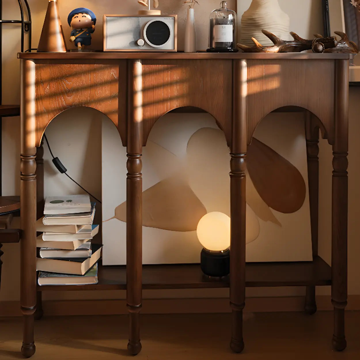 Versatile Rectangular Walnut Floor Shelf Console Table