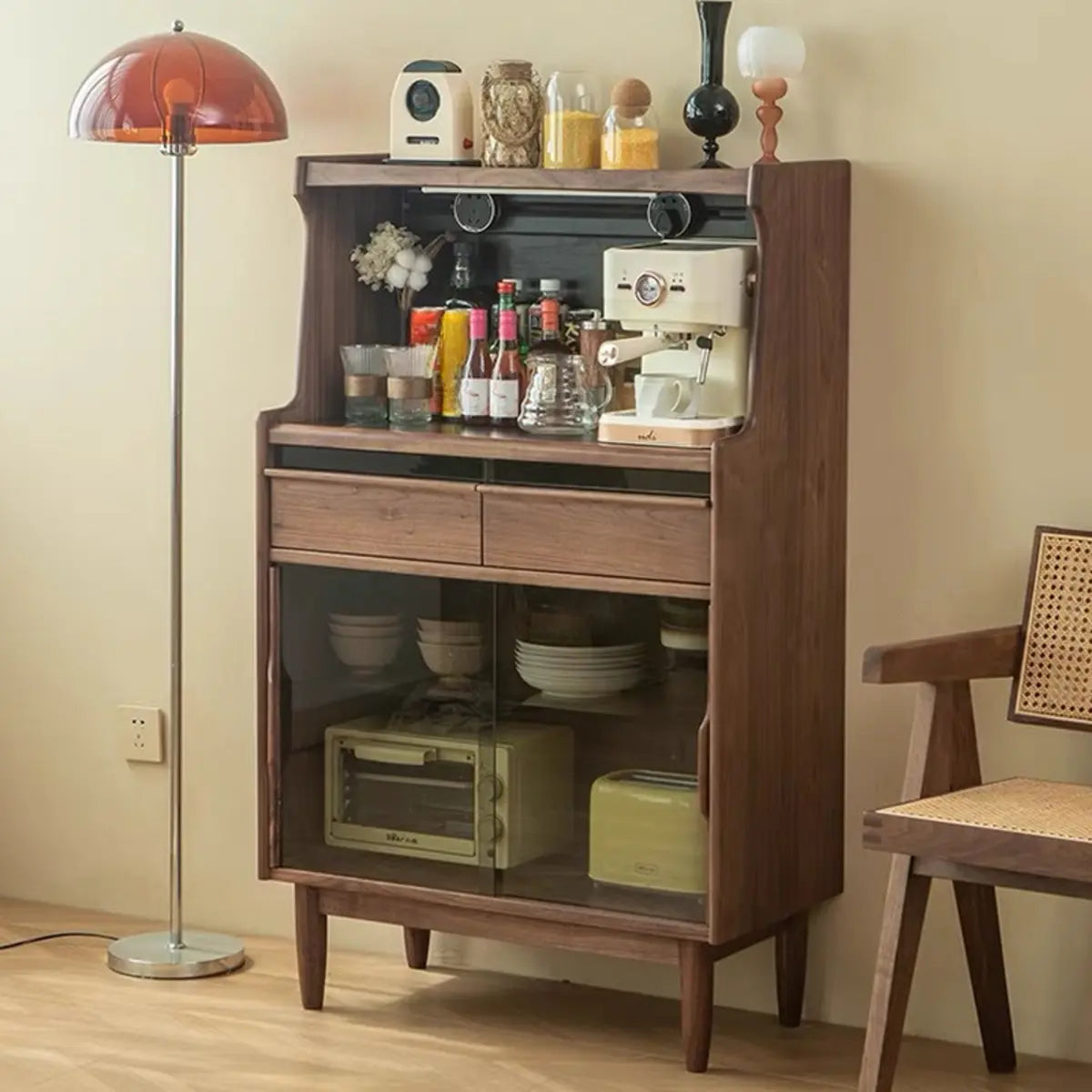 Vertical Walnut Stone Buffet with Cabinet