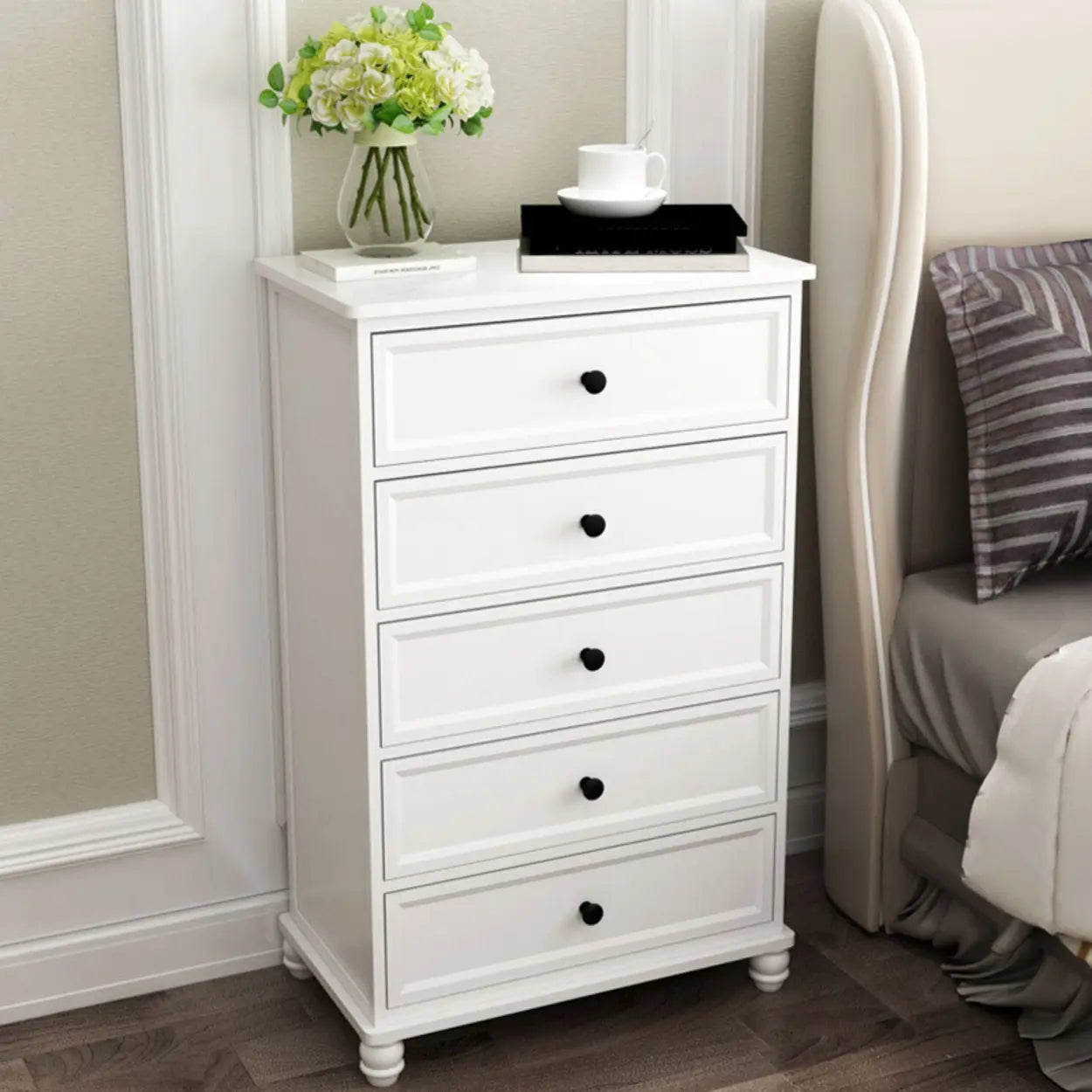 White Wood Vertical 5-Drawer Bedside Dresser