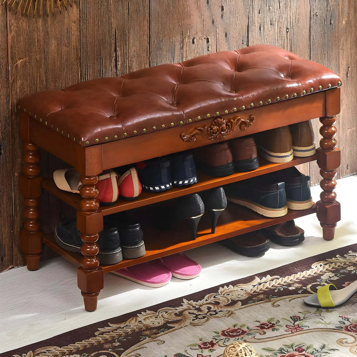 Victorian Faux Leather Entryway Bench — Walnut