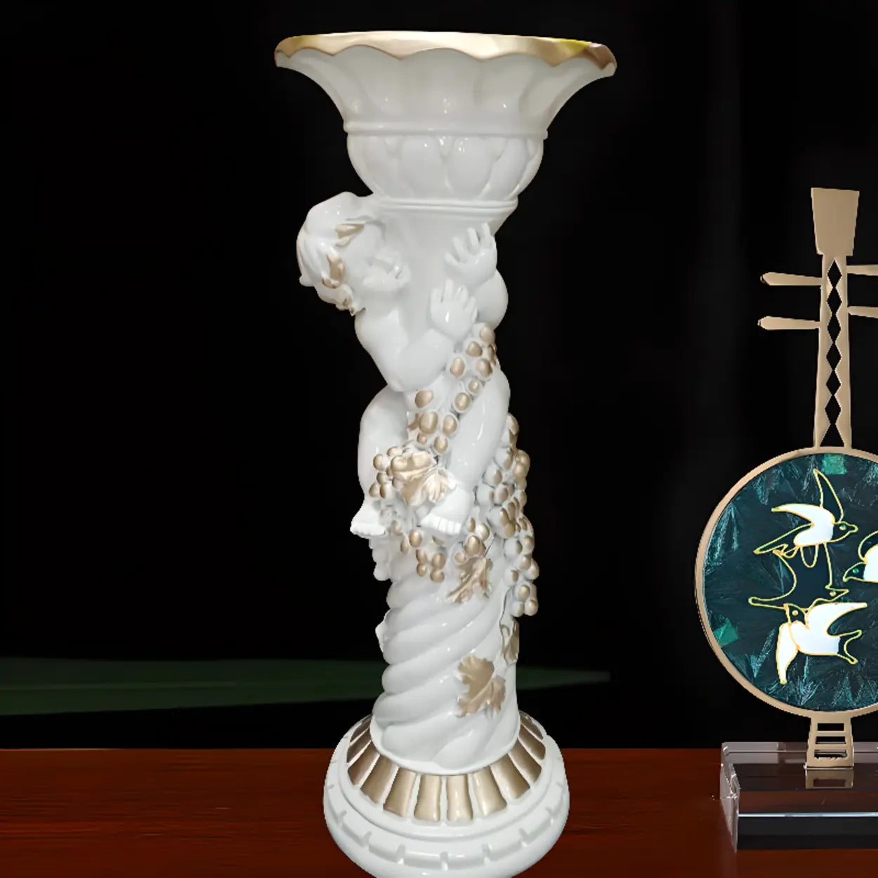 Victorian Cherub Gold Round Plant Stand — Light Gold