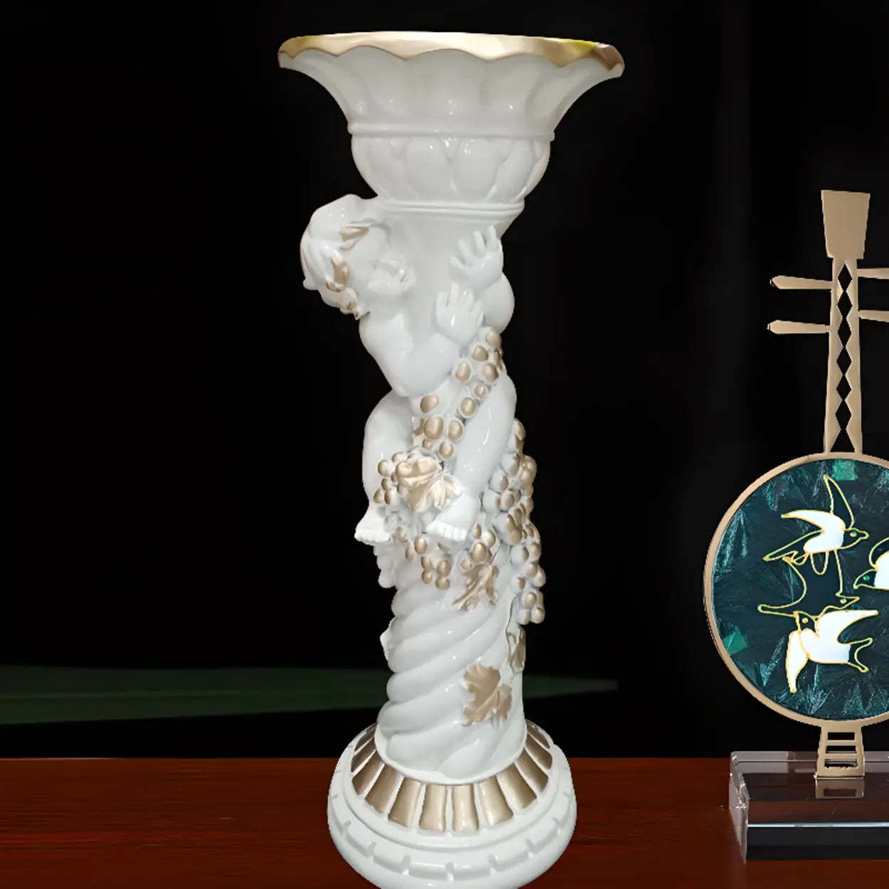 Victorian Cherub Gold Round Plant Stand — Light Gold