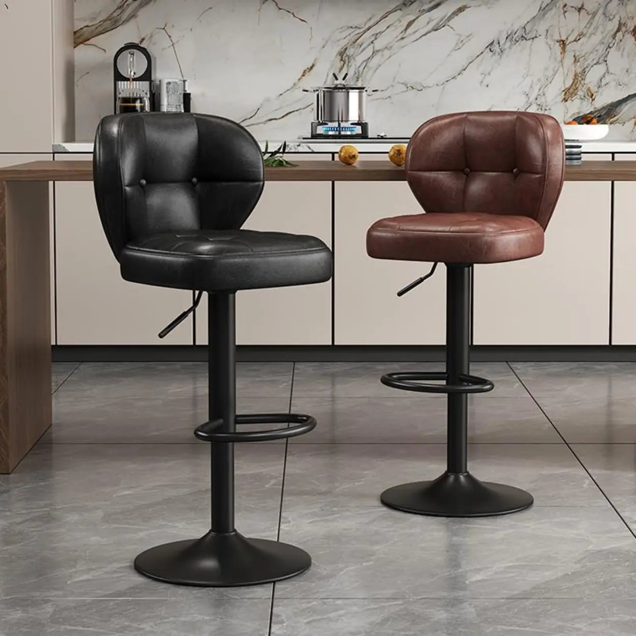 Vintage Swivel Leather Padded Back Bar Stool — Black / Black