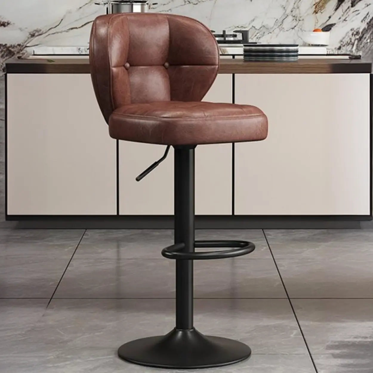 Vintage Swivel Leather Padded Back Bar Stool — Grey / Black