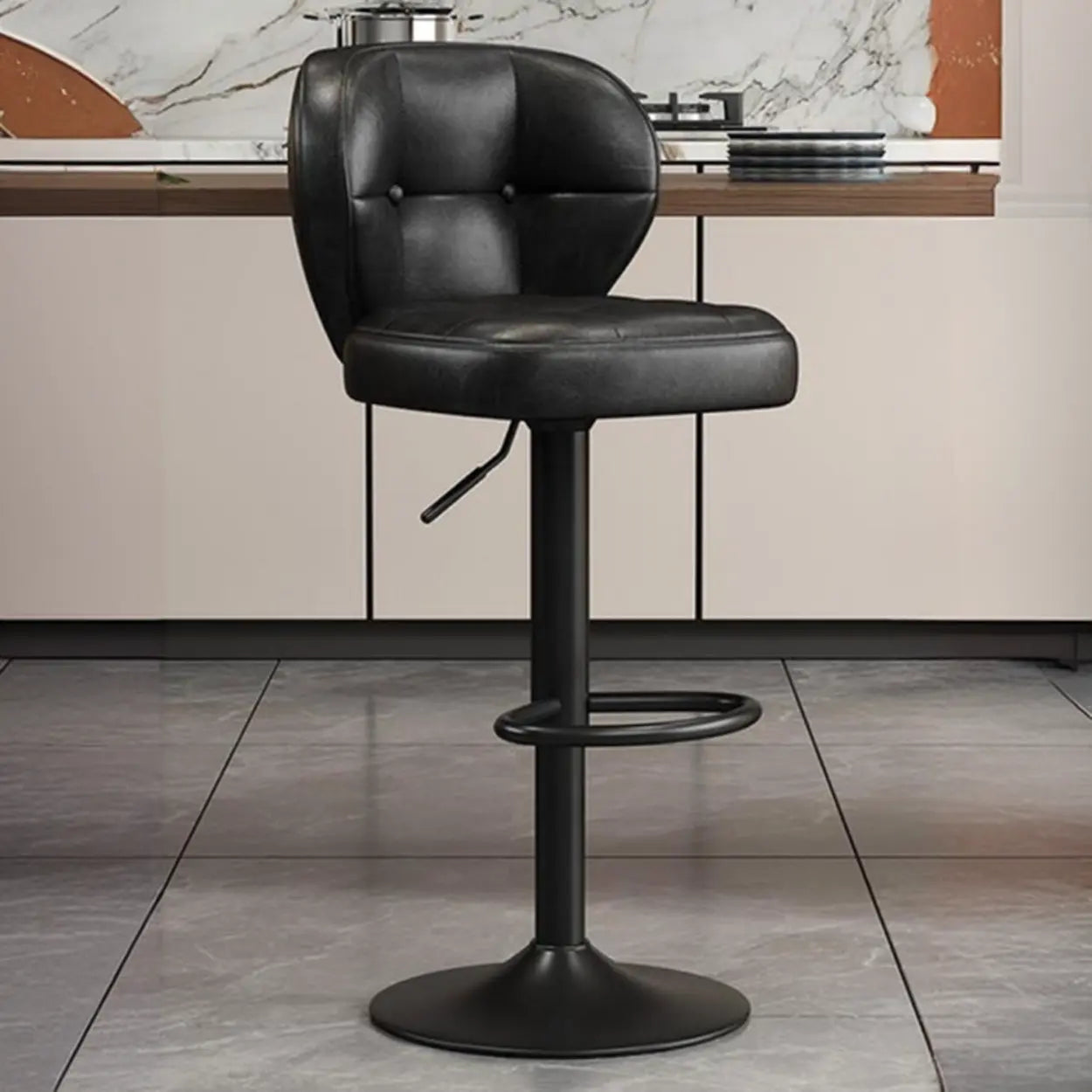 Vintage Swivel Leather Padded Back Bar Stool — Black / Silver