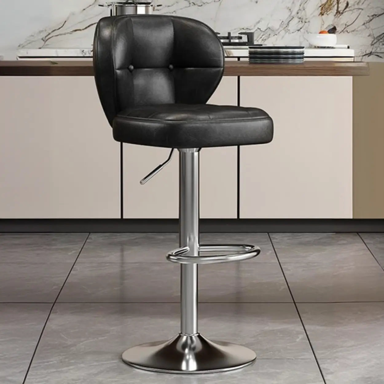 Vintage Swivel Leather Padded Back Bar Stool — White / Black