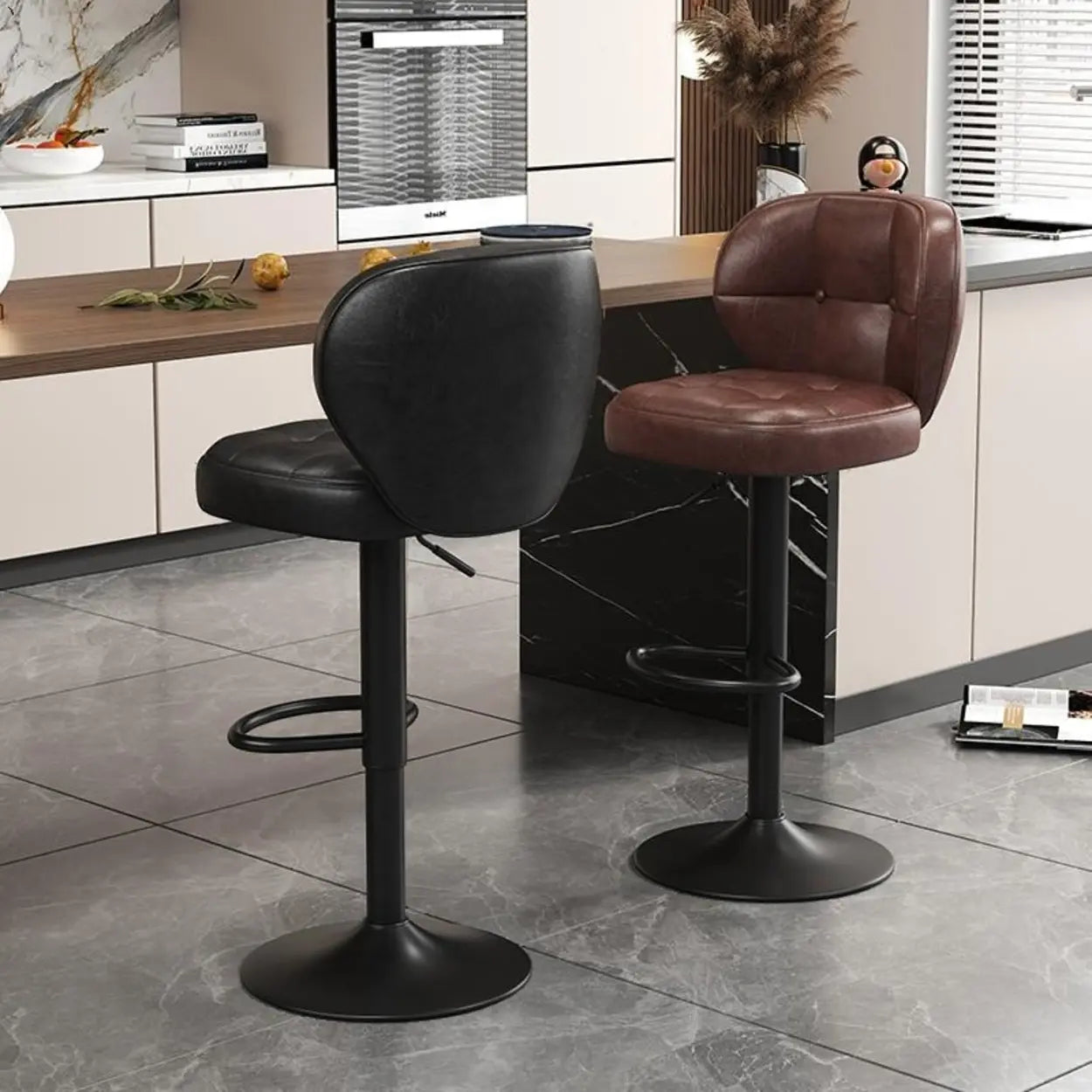 Vintage Swivel Leather Padded Back Bar Stool — White / Silver