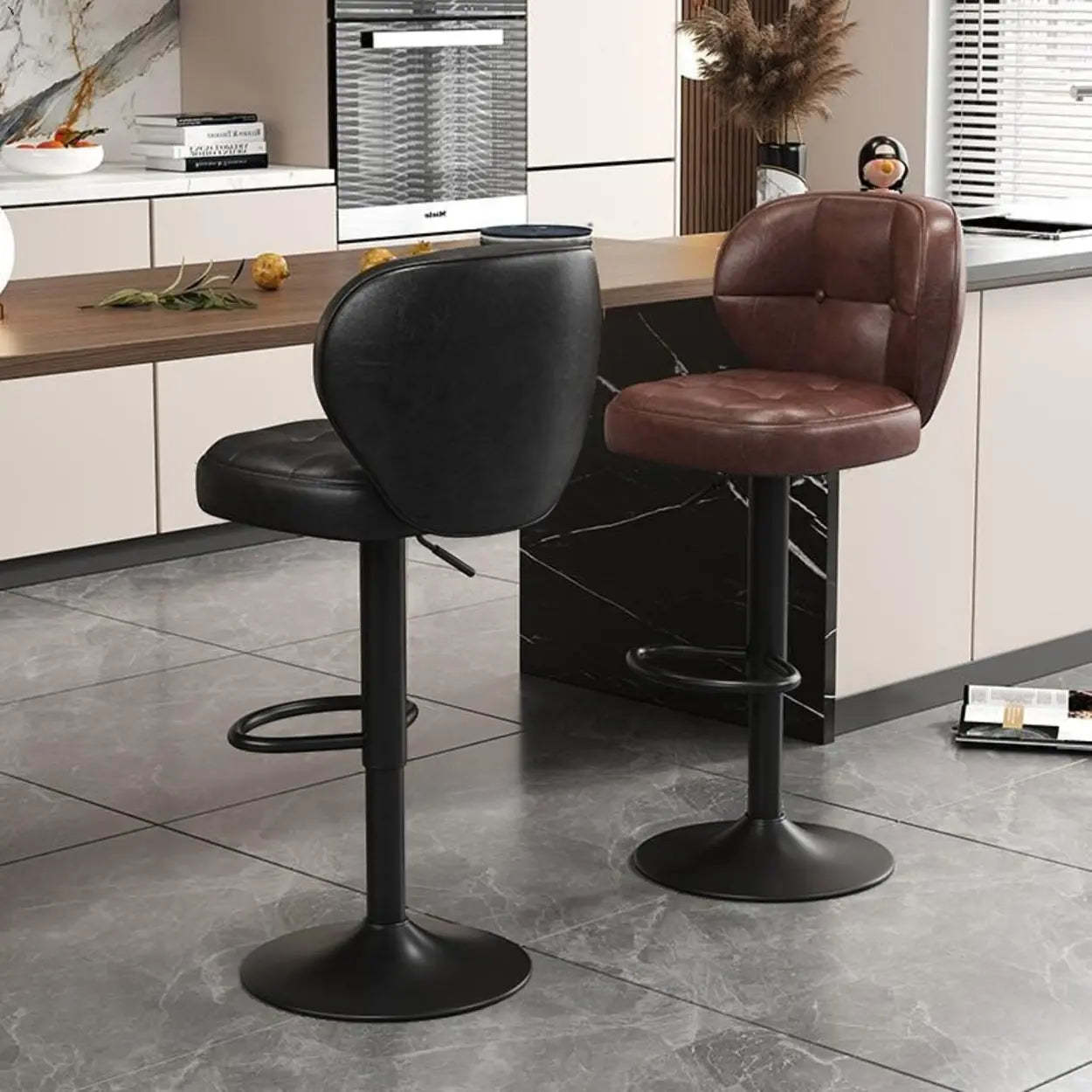 Vintage Swivel Leather Padded Back Bar Stool — White / Silver