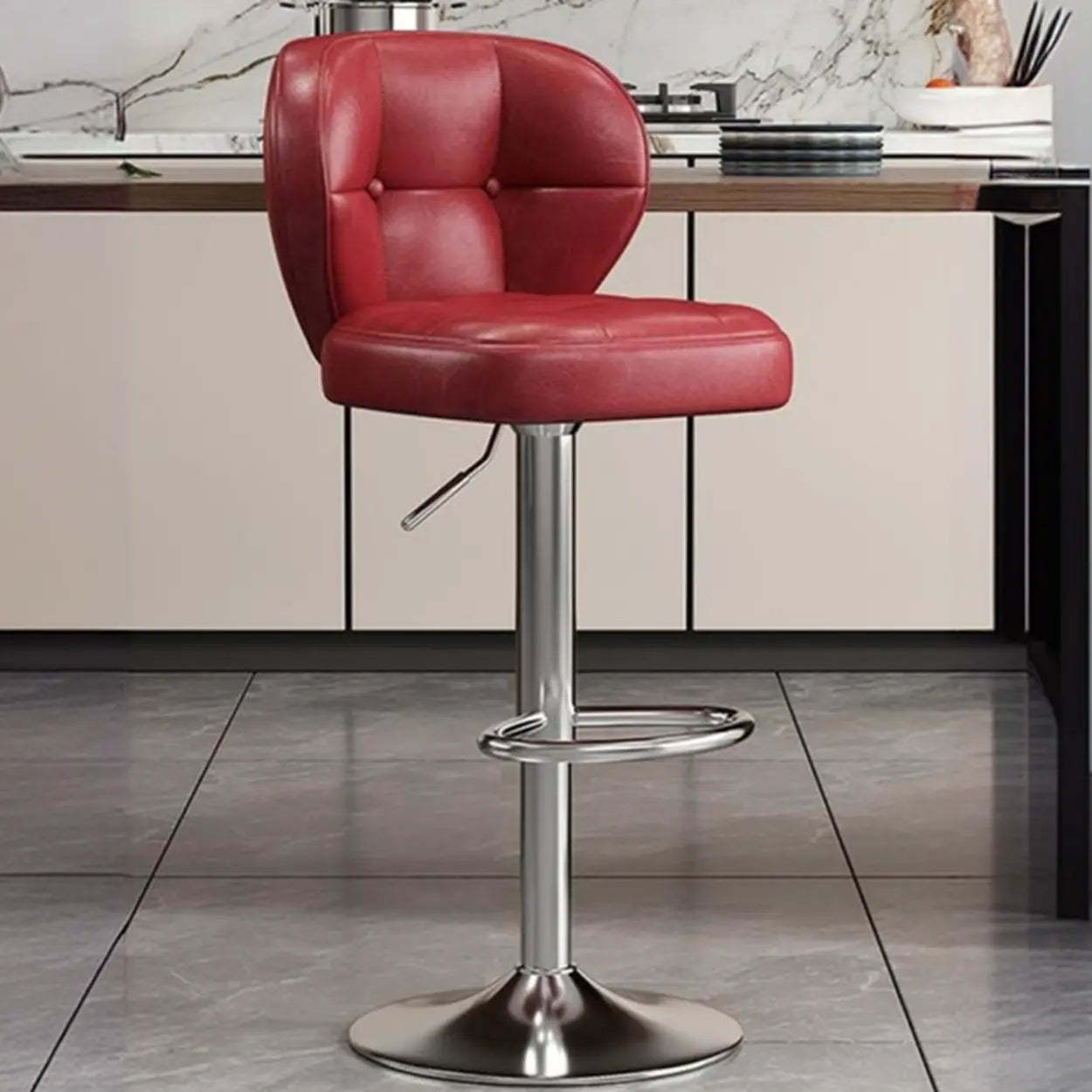 Vintage Swivel Leather Padded Back Bar Stool — Red / Black