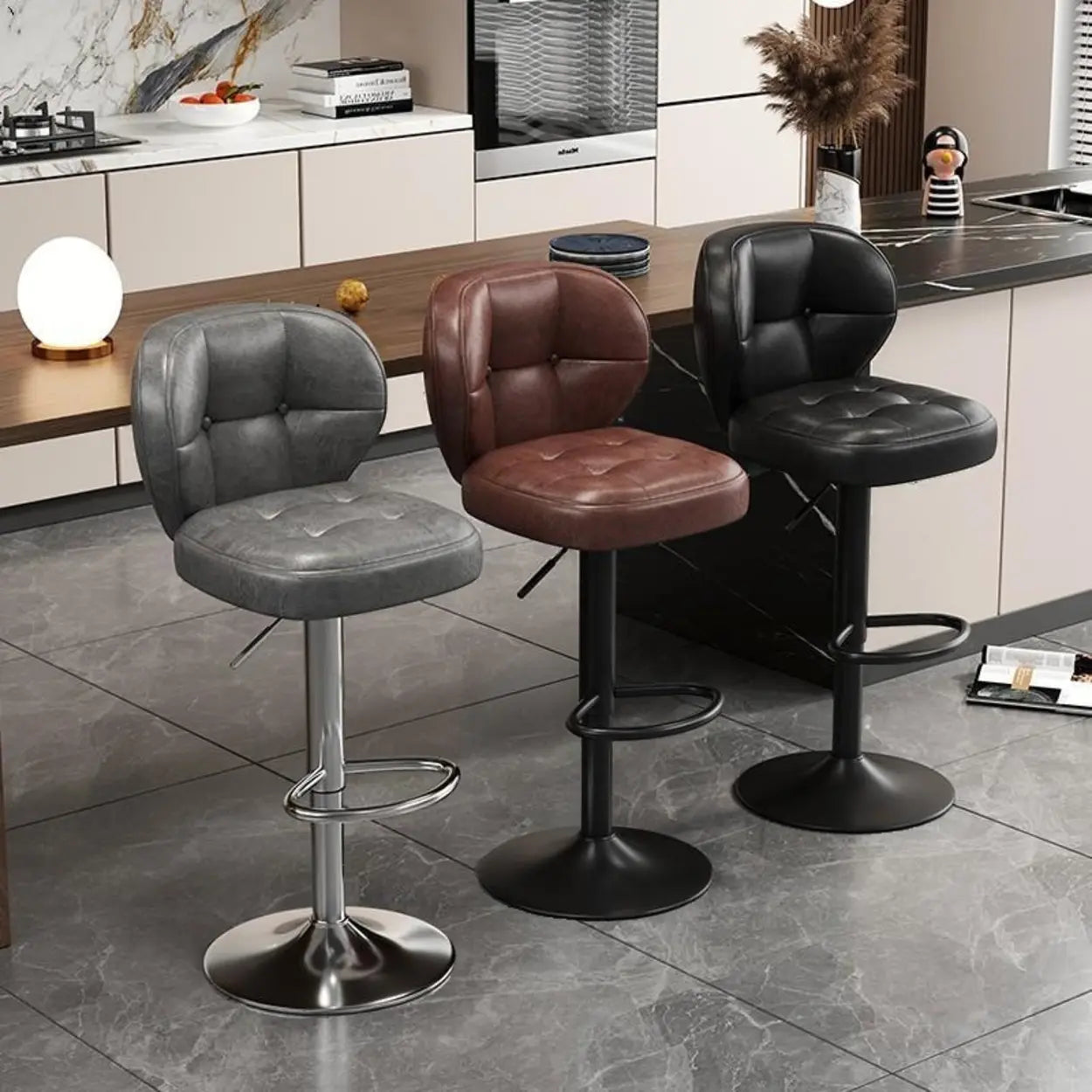 Vintage Swivel Leather Padded Back Bar Stool — Red / Silver
