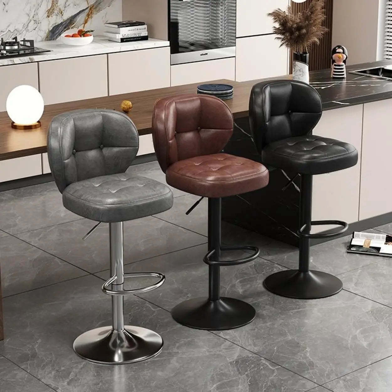 Vintage Swivel Leather Padded Back Bar Stool — Red / Silver