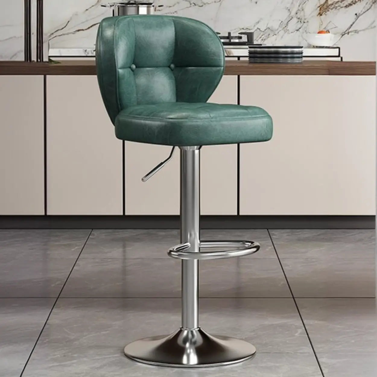 Vintage Swivel Leather Padded Back Bar Stool — Brown / Silver