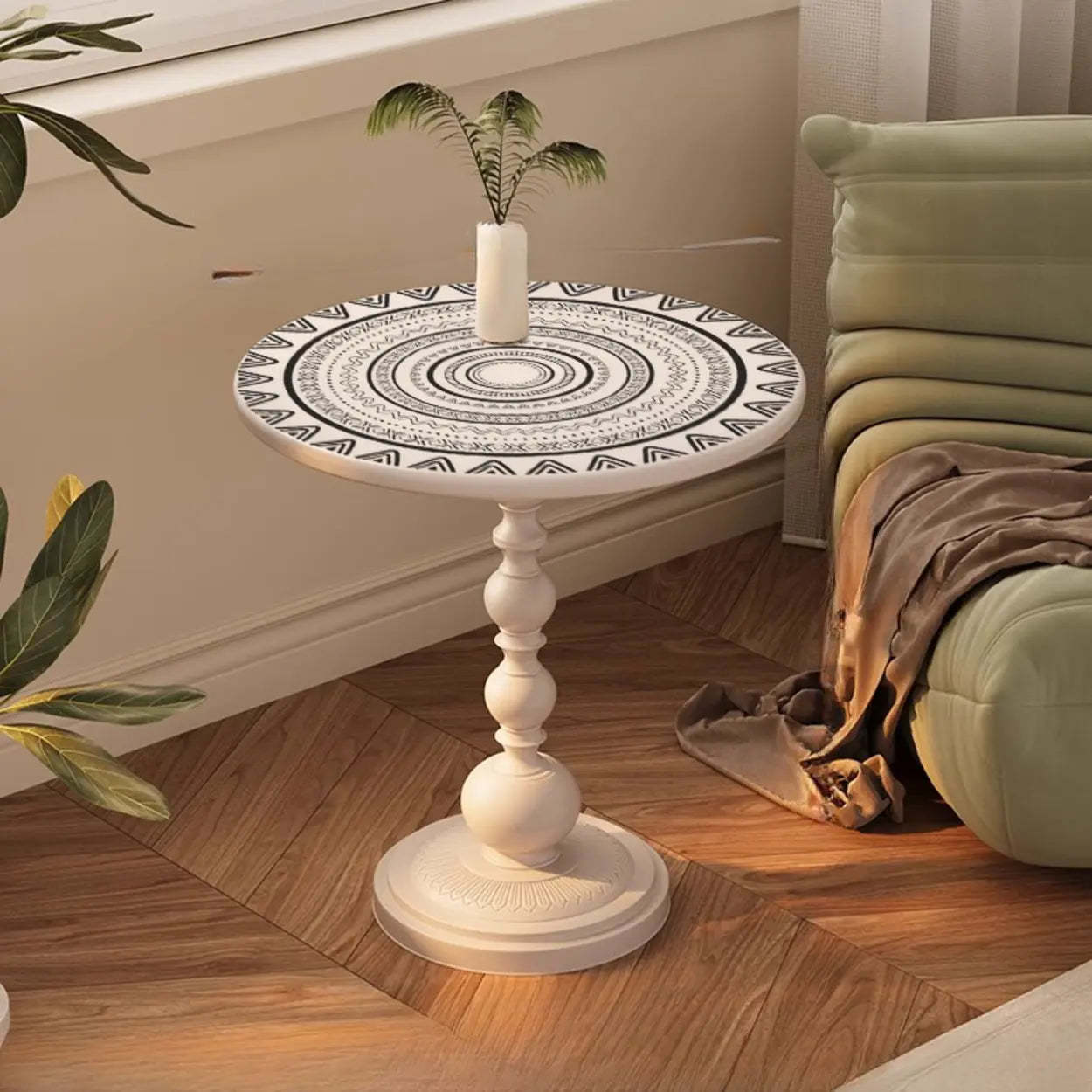 Vintage Artistic Pattern Black Wood Side Table — White-Black