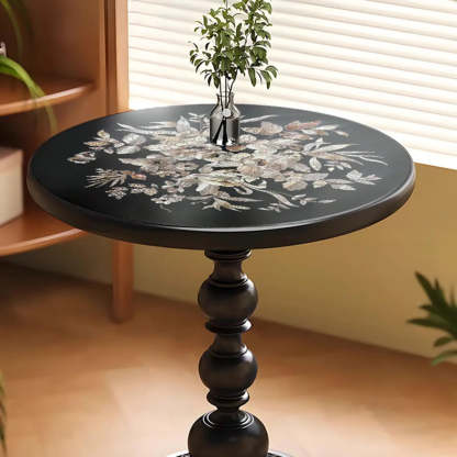 Vintage Artistic Pattern Black Wood Side Table — Black/ Beige