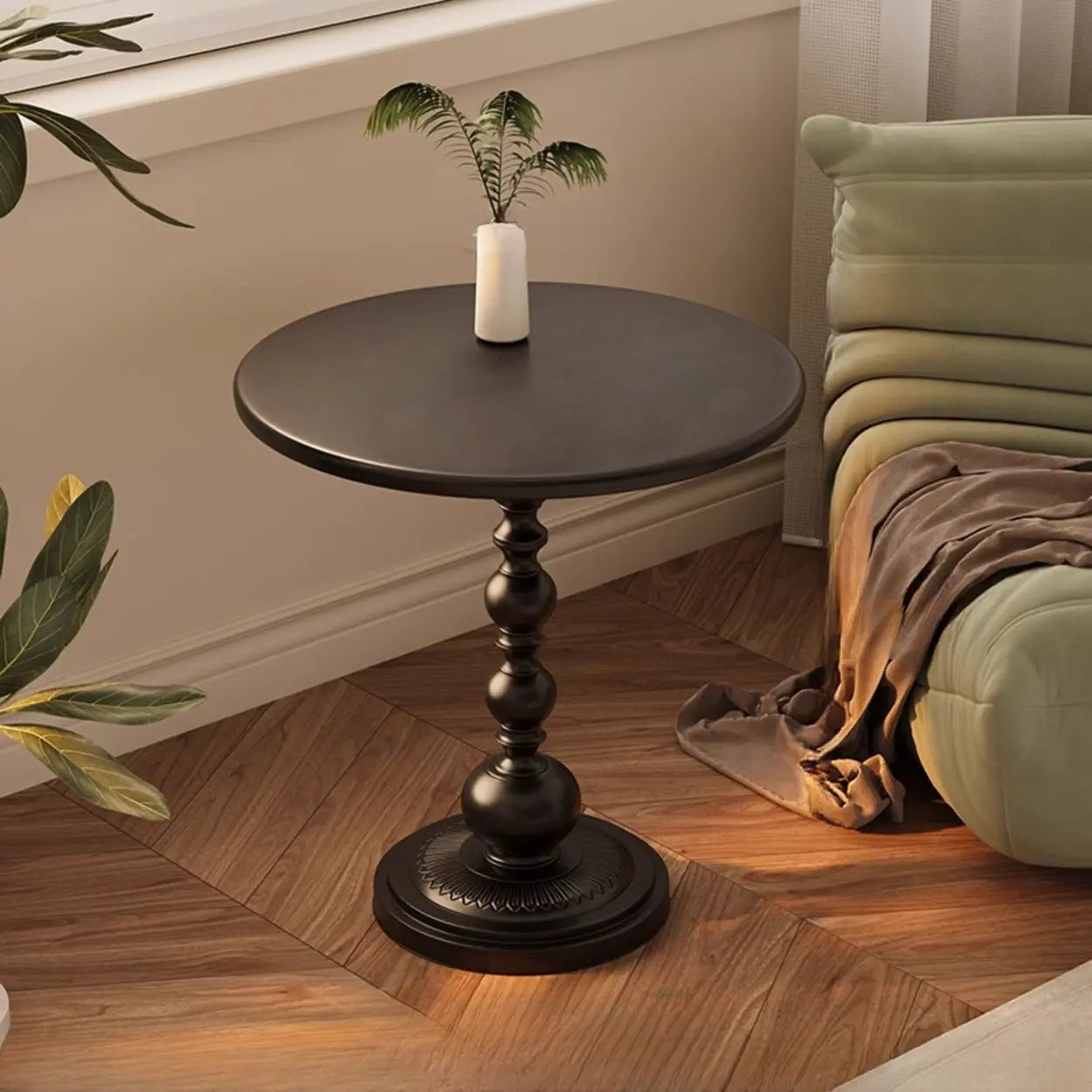 Vintage Artistic Pattern Black Wood Side Table — Black/ Beige