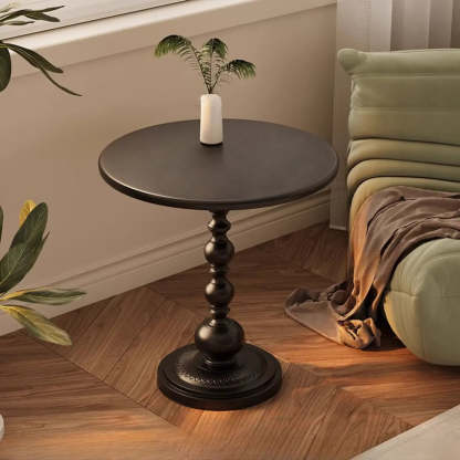 Vintage Artistic Pattern Black Wood Side Table — Black/ Beige