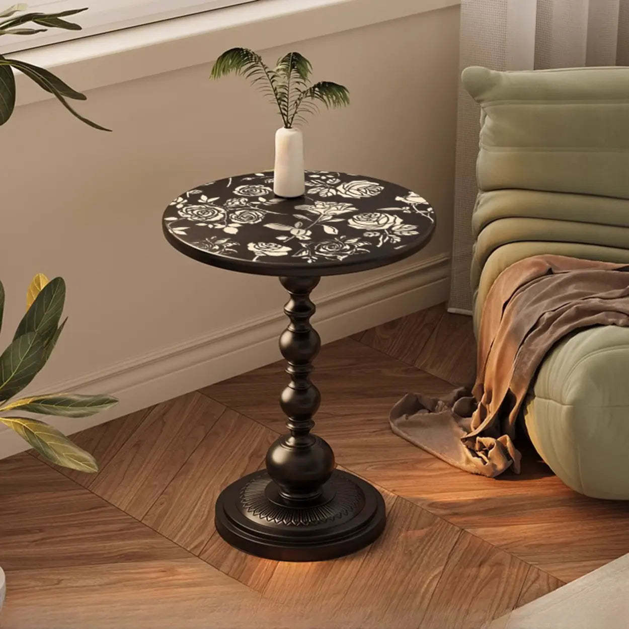 Vintage Artistic Pattern Black Wood Side Table