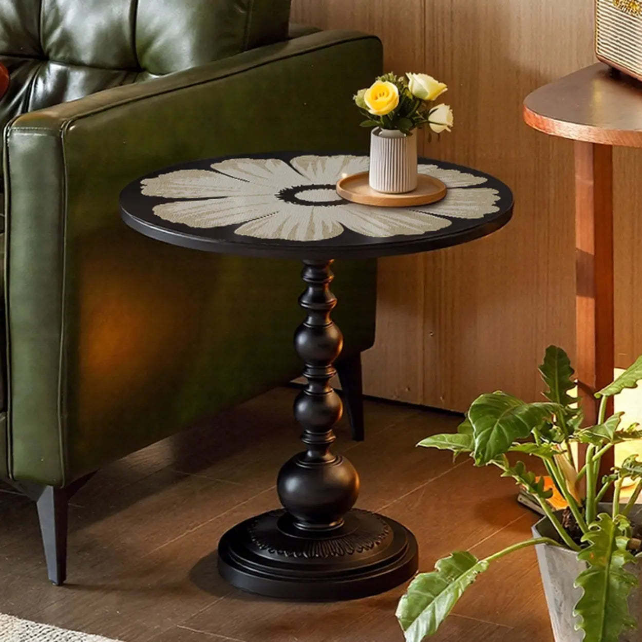 Vintage Artistic Pattern Black Wood Side Table — Black