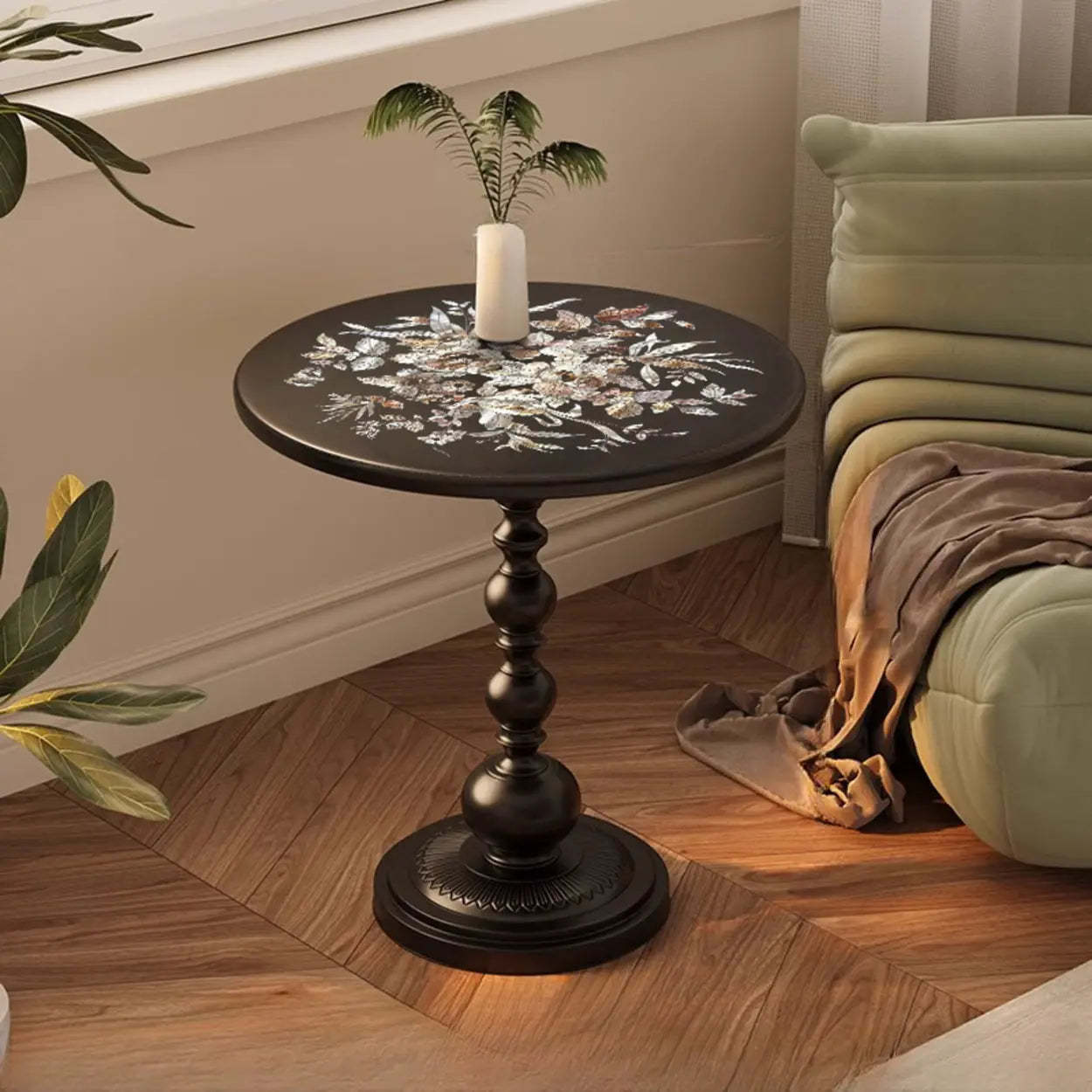Vintage Artistic Pattern Black Wood Side Table