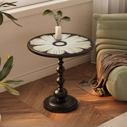Vintage Artistic Pattern Black Wood Side Table — Black-Pink