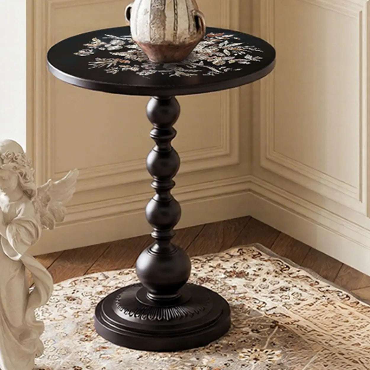 Vintage Artistic Pattern Black Wood Side Table — Black-White