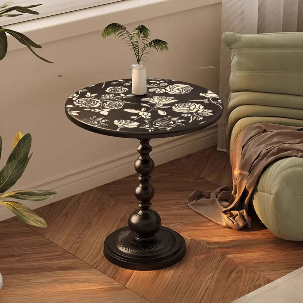 Vintage Artistic Pattern Black Wood Side Table — Black-White