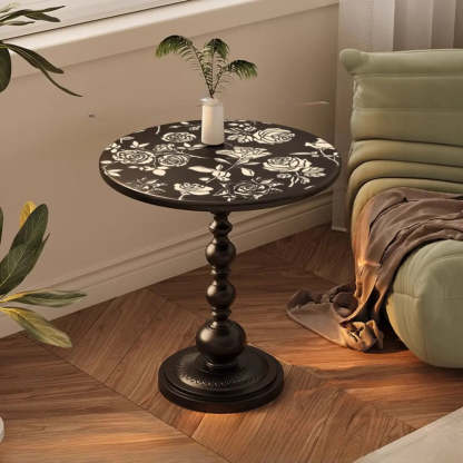 Vintage Artistic Pattern Black Wood Side Table — Black-White